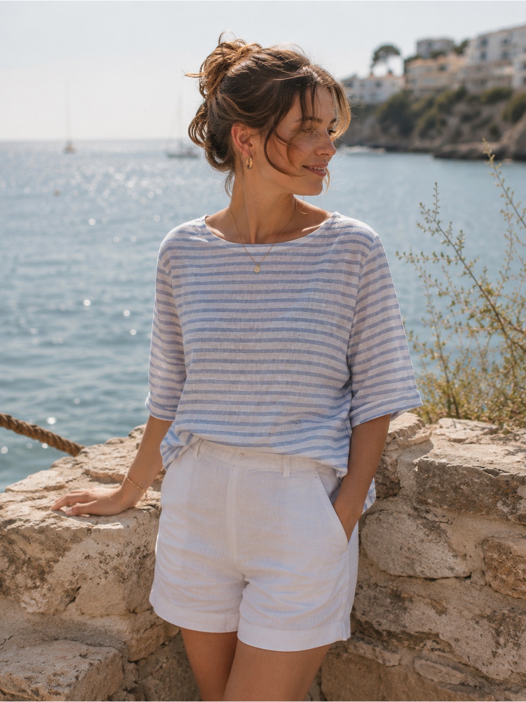 H By Halston Linen Boxy Fit Stripe Lightweight Top Blue White Large